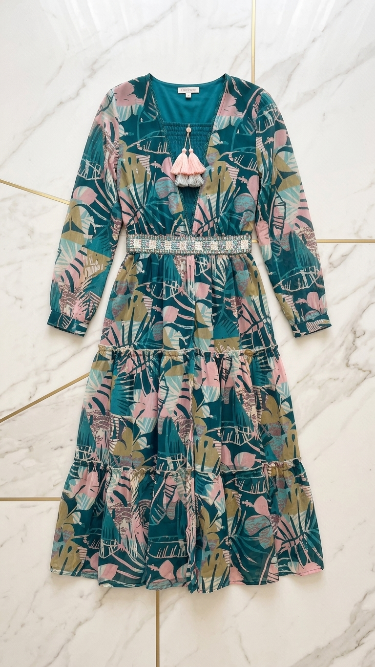 Robe ethnique en georgette 3 pièces avec broderie complexe