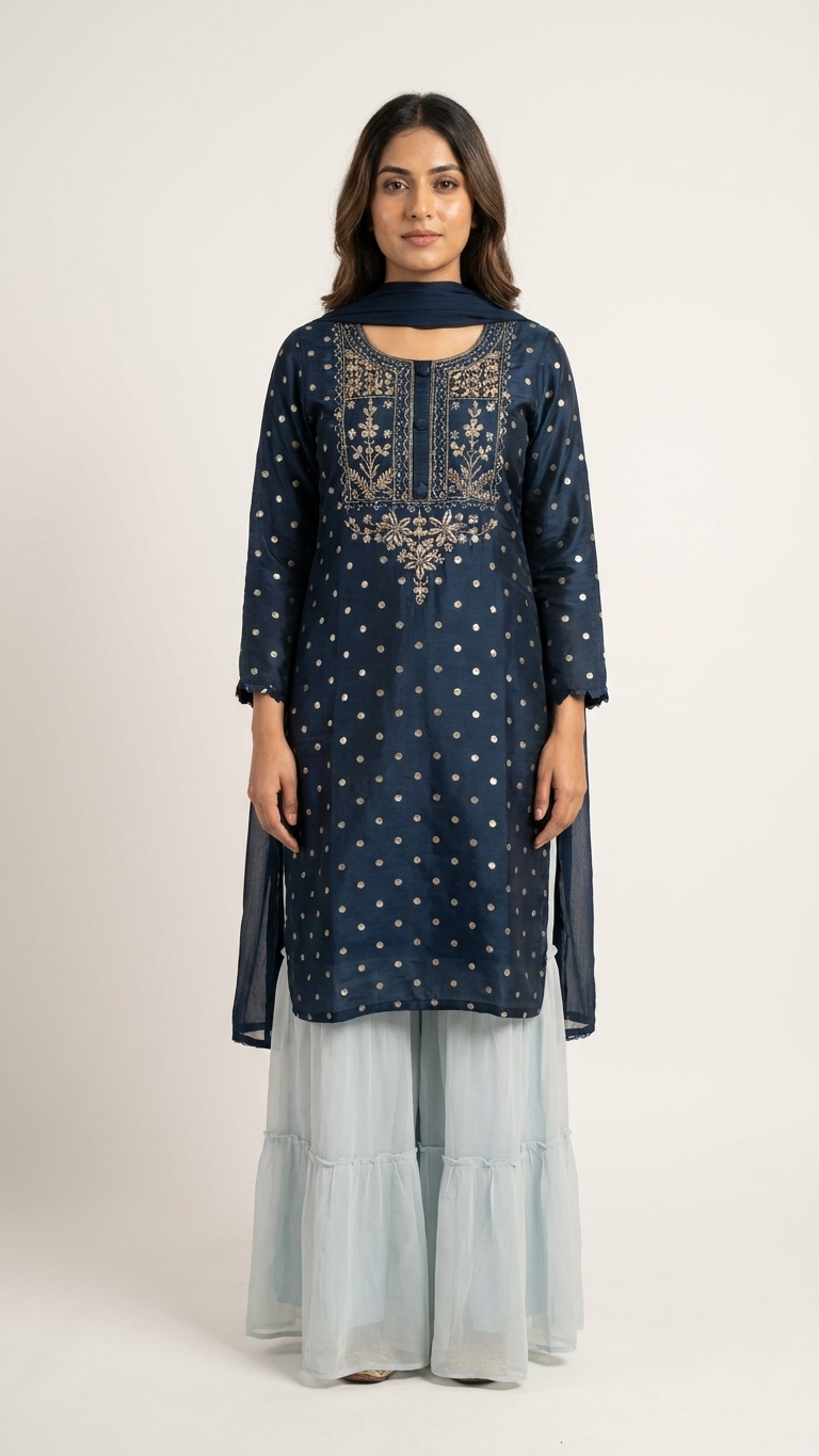 Ensemble Kurta en mélange de soie bleu nuit (3 pièces) avec tissage doré et travail de Zardosi et Sharara gris-bleu. Ce produit est également disponible en 3XL.