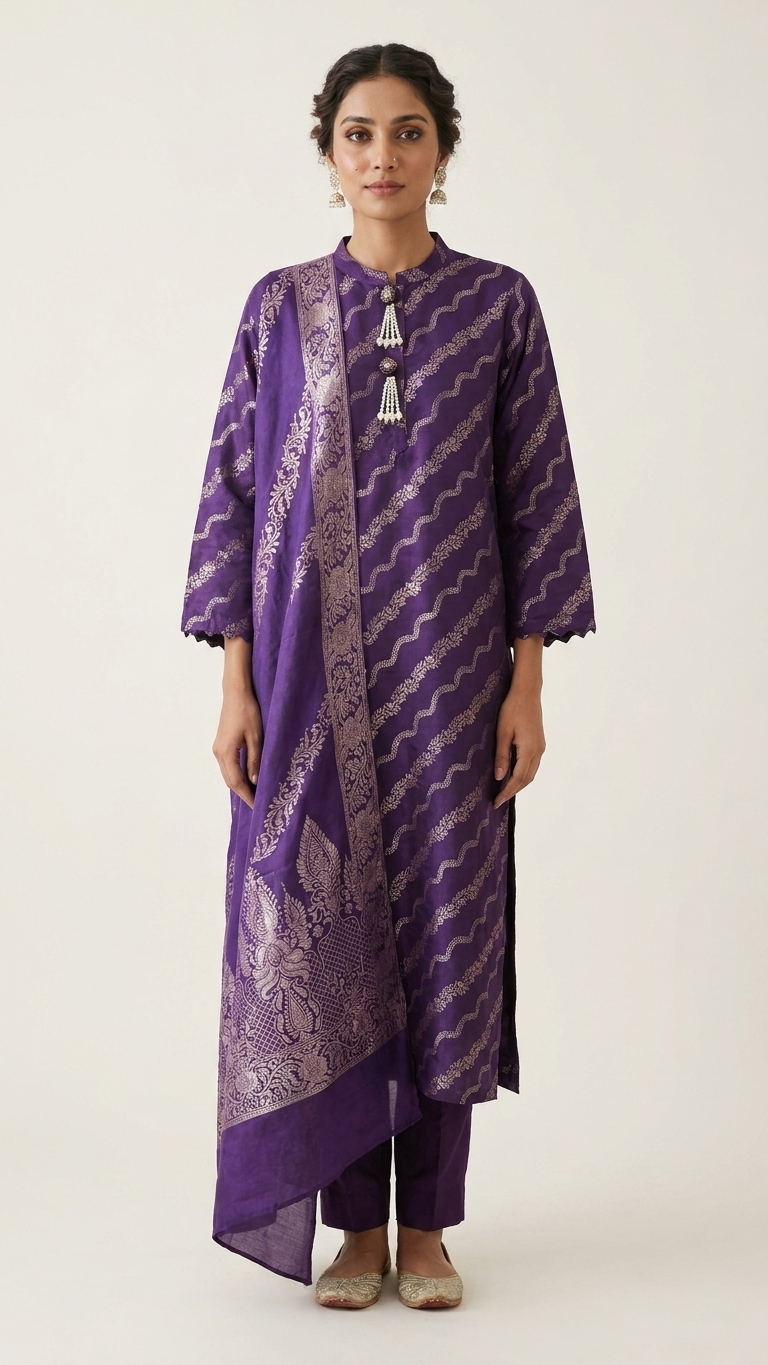 Ensemble 3 pièces en mélange de coton et de soie violet avec tissage doré