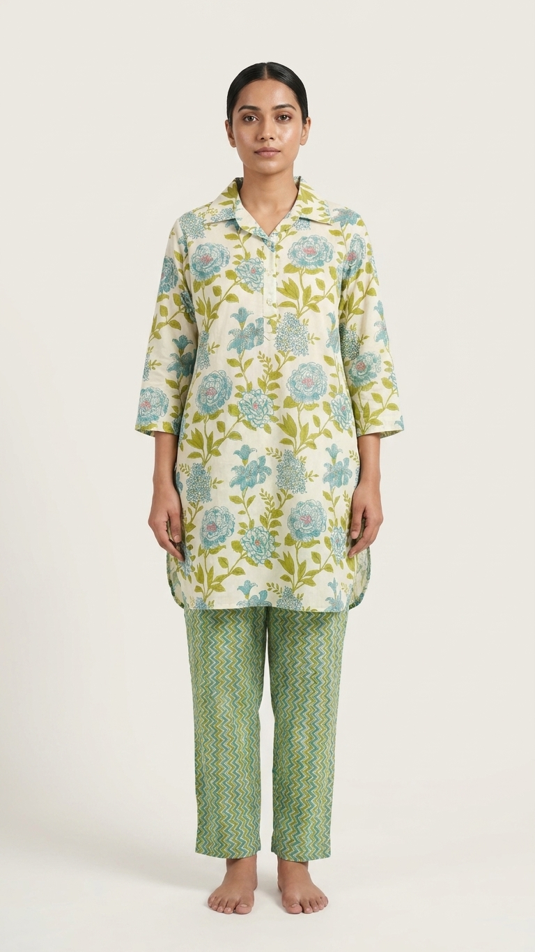 Cotton Rayon Blend Coord Set in Green Flower