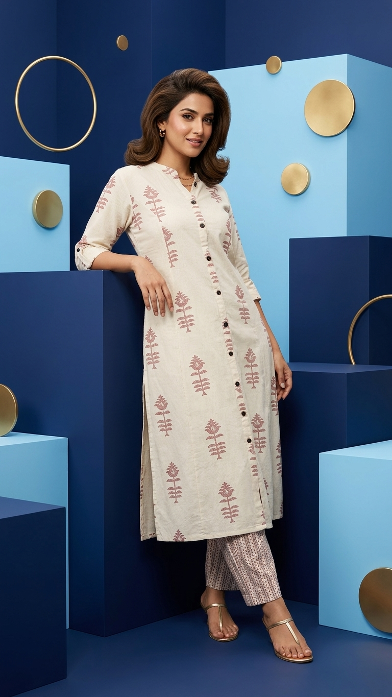 Khadi Cotton Palazzo Set in Beige with Ethnic Motifs