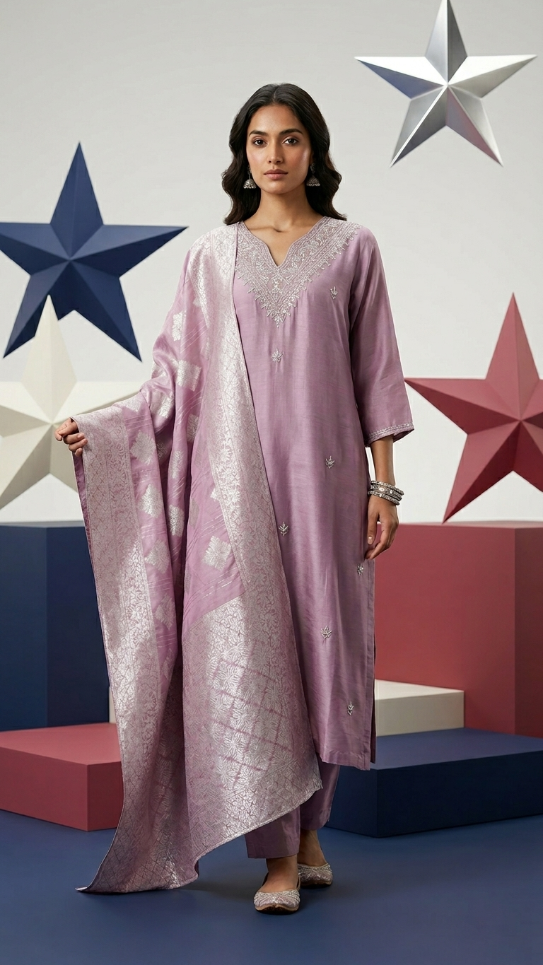 Ensemble 3 pièces en soie Chinon lilas avec ornements argentés et dupatta tissé argenté - Tenue de fête