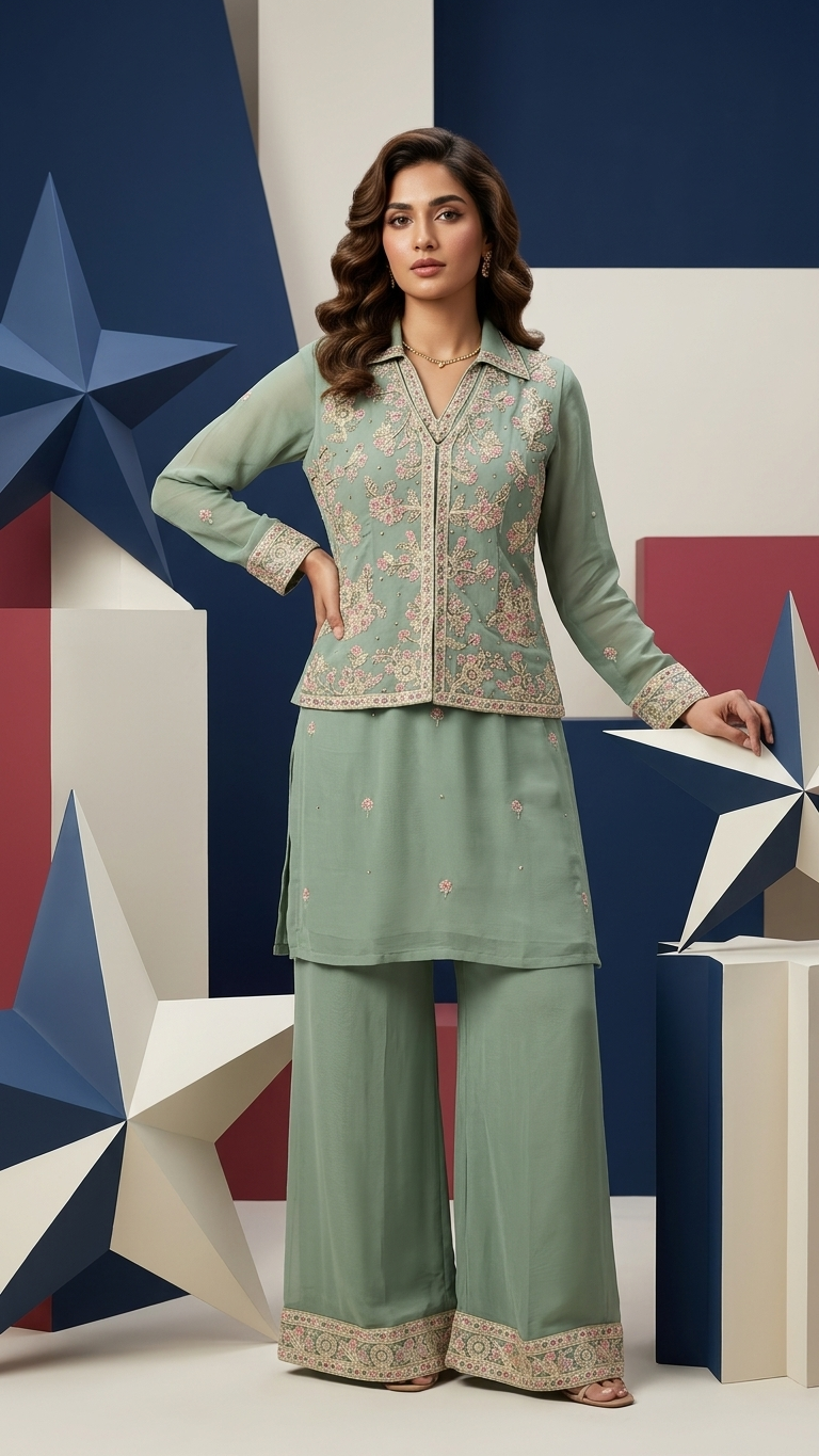 Sage Green 3-Piece Fusion Kurta Set with Embroidered Jacket & Wide-Leg Pants | Festive & Party Wear