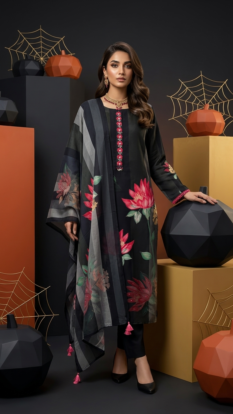 Rayon Silk Blend 3-Piece Suit in Black with Floral Motif and Bead Detailing