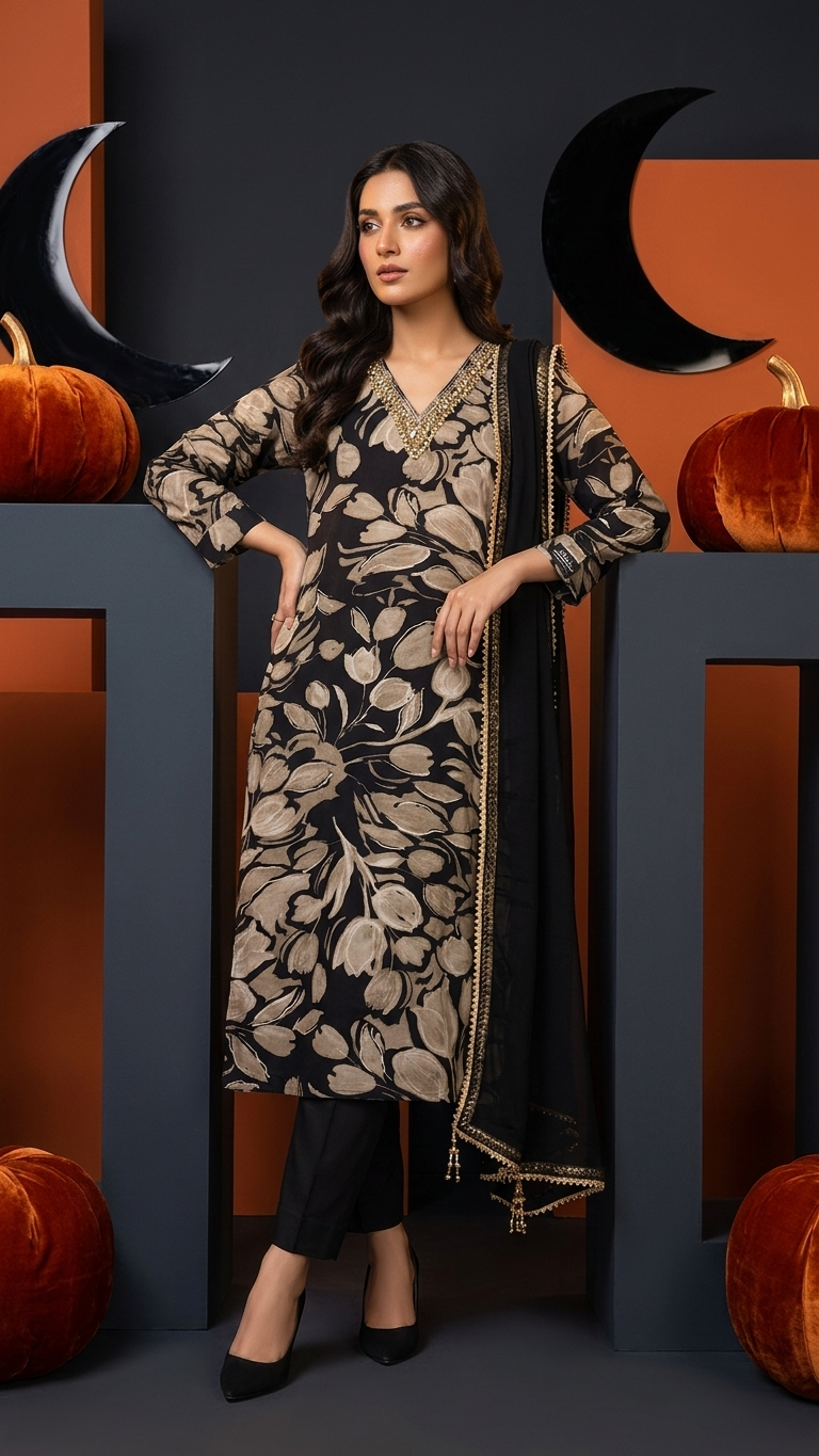 Costume trois pièces élégant en mélange de coton crêpe noir avec dupatta Gotta Kinnari