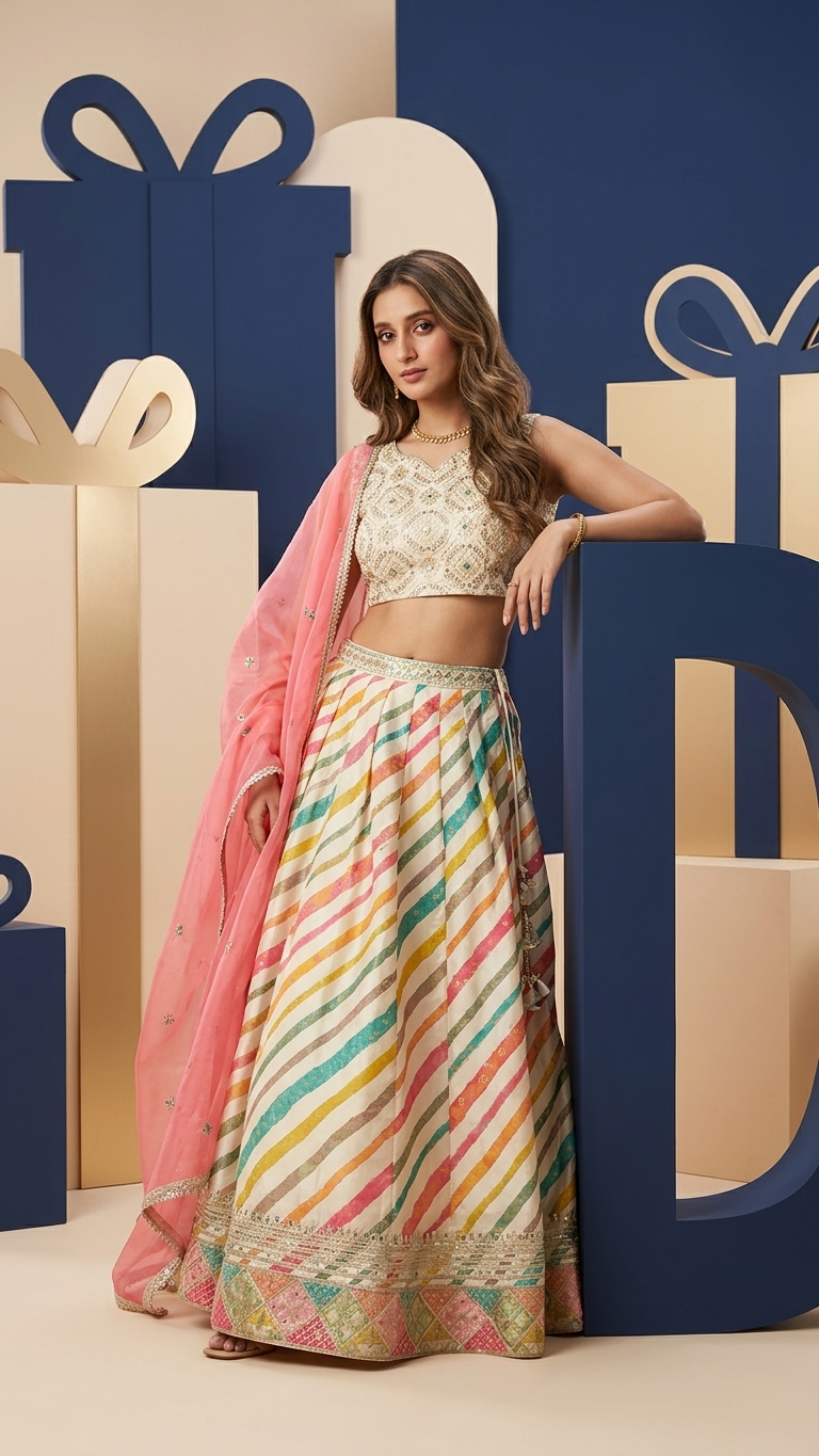Ensemble Lehenga léger avec choli à sequins sans manches et dupatta en tulle doublé de Gota