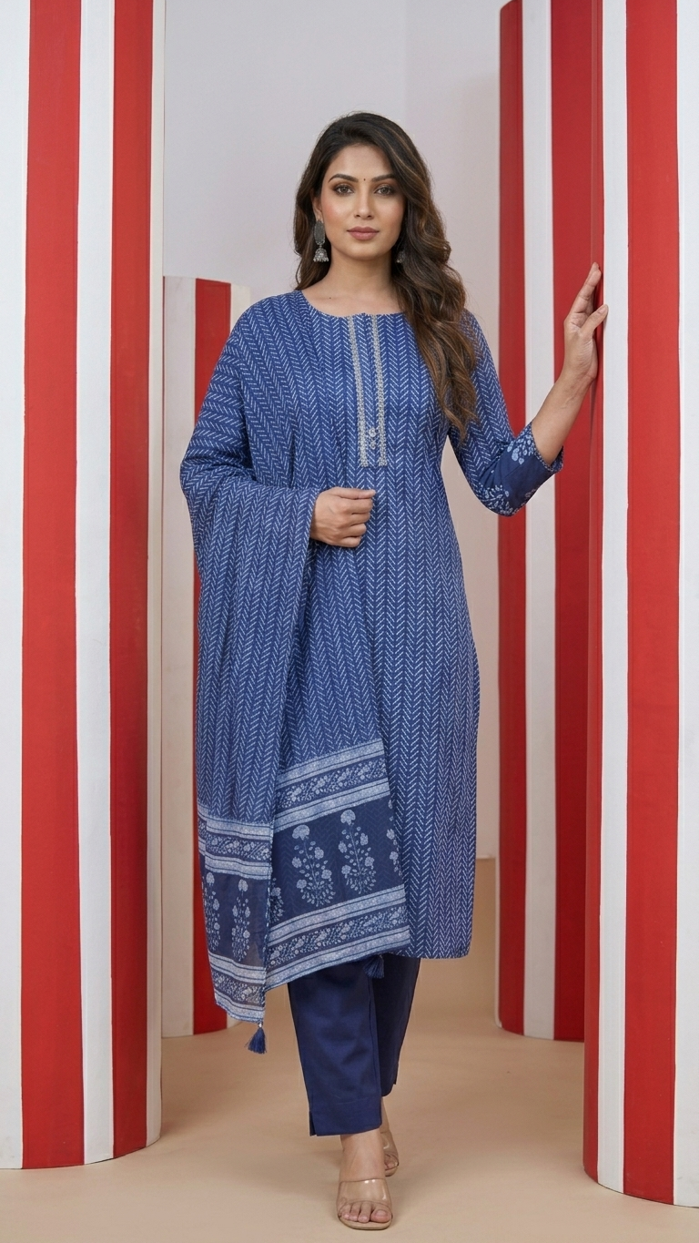 Élégant costume trois pièces en pur coton indigo