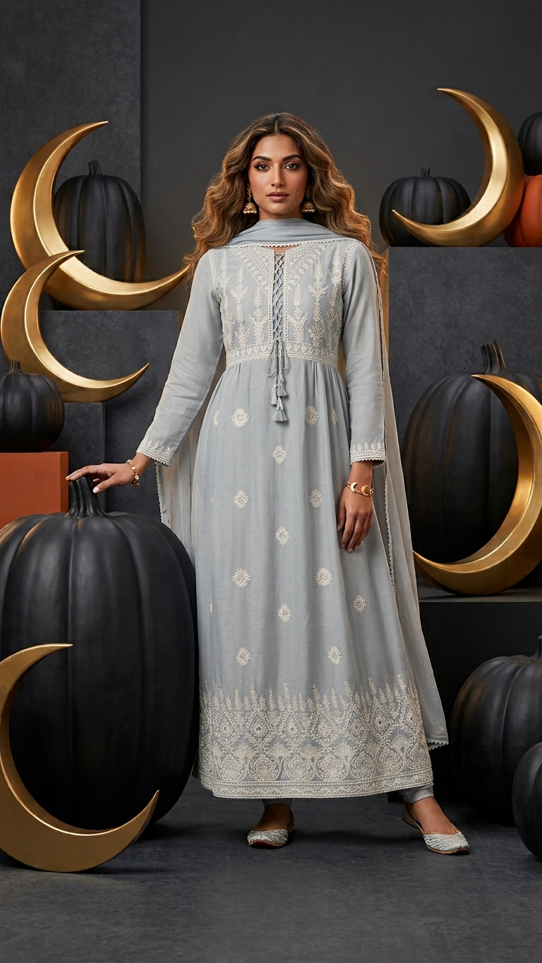 Dusty Blue Embroidered Anarkali Suit Set with Chiffon Dupatta | Pakistani Anarkali Dress for Women | Wedding, Eid & Festive Wear