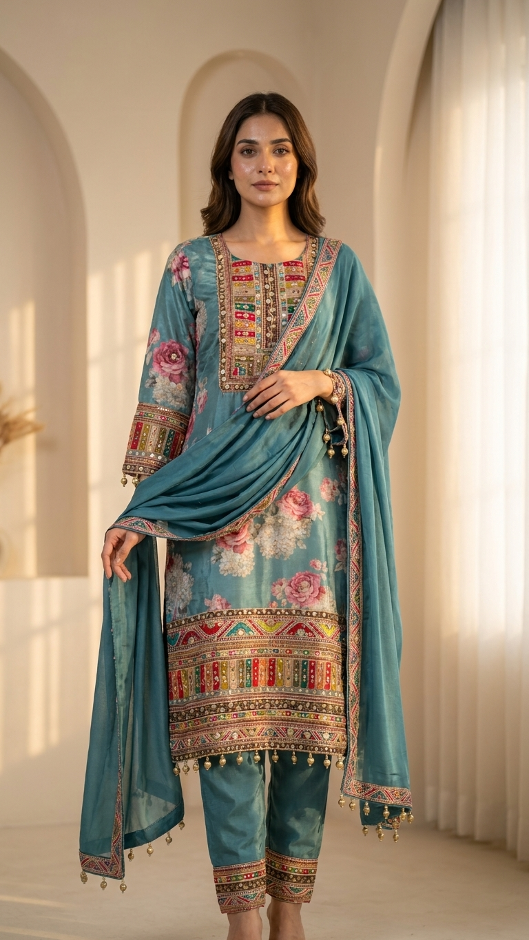 Teal Blue Floral Printed 3-Piece Kurta Set with Mirror Work & Embroidered Dupatta