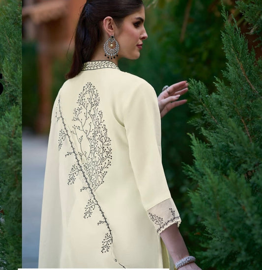 Off-White Russian Silk 3-Piece Set with Black Embroidery & Organza Dupatta