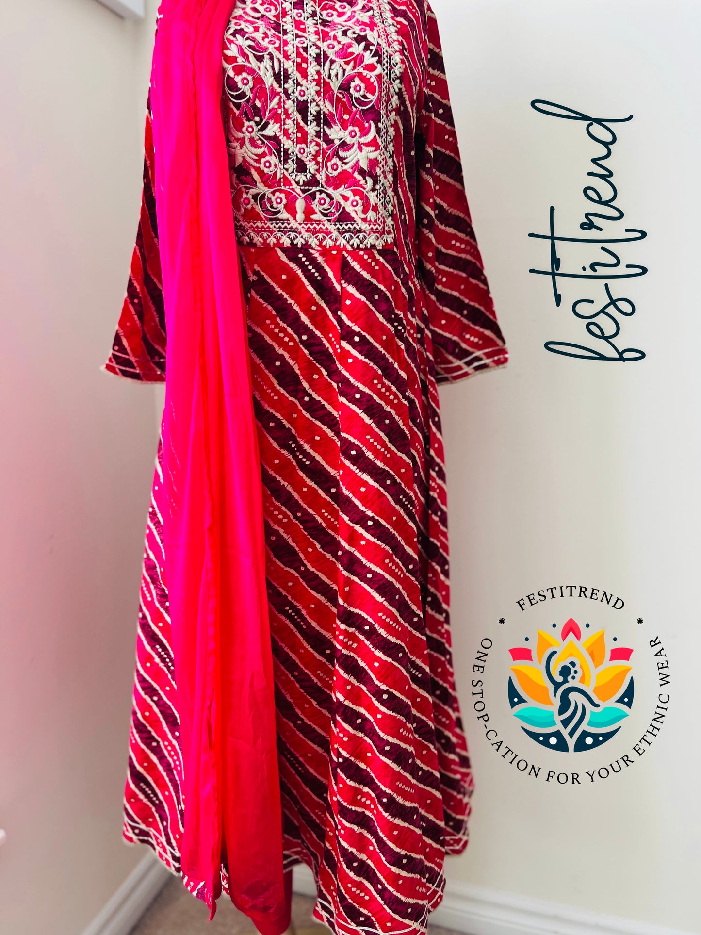 Magenta Leheriya Embroidered Anarkali Suit Set with Dupatta | Festive & Wedding Wear