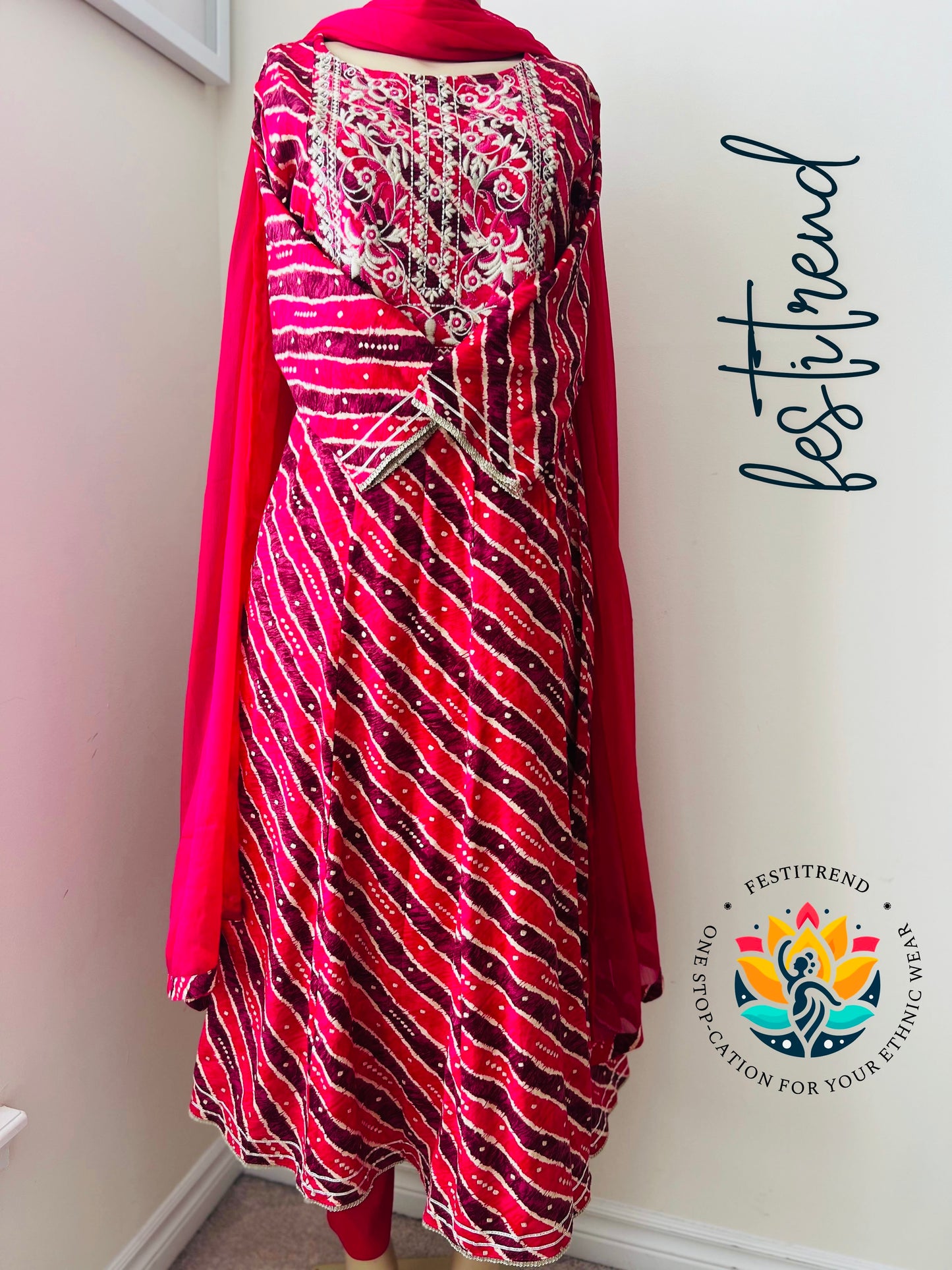 Magenta Leheriya Embroidered Anarkali Suit Set with Dupatta | Festive & Wedding Wear