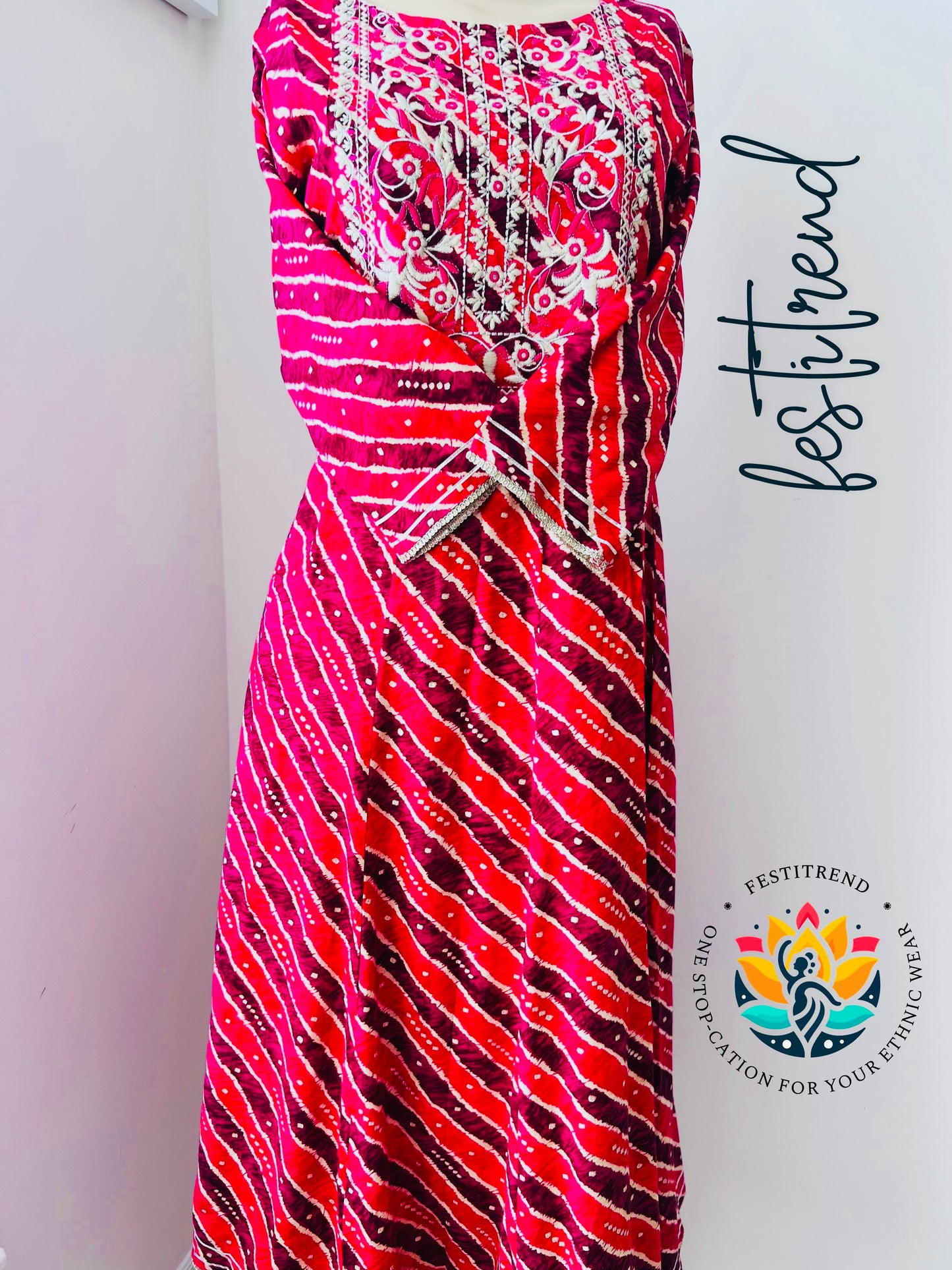 Magenta Leheriya Embroidered Anarkali Suit Set with Dupatta | Festive & Wedding Wear