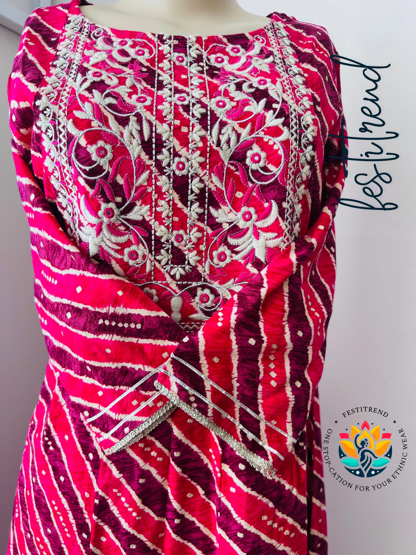 Magenta Leheriya Embroidered Anarkali Suit Set with Dupatta | Festive & Wedding Wear