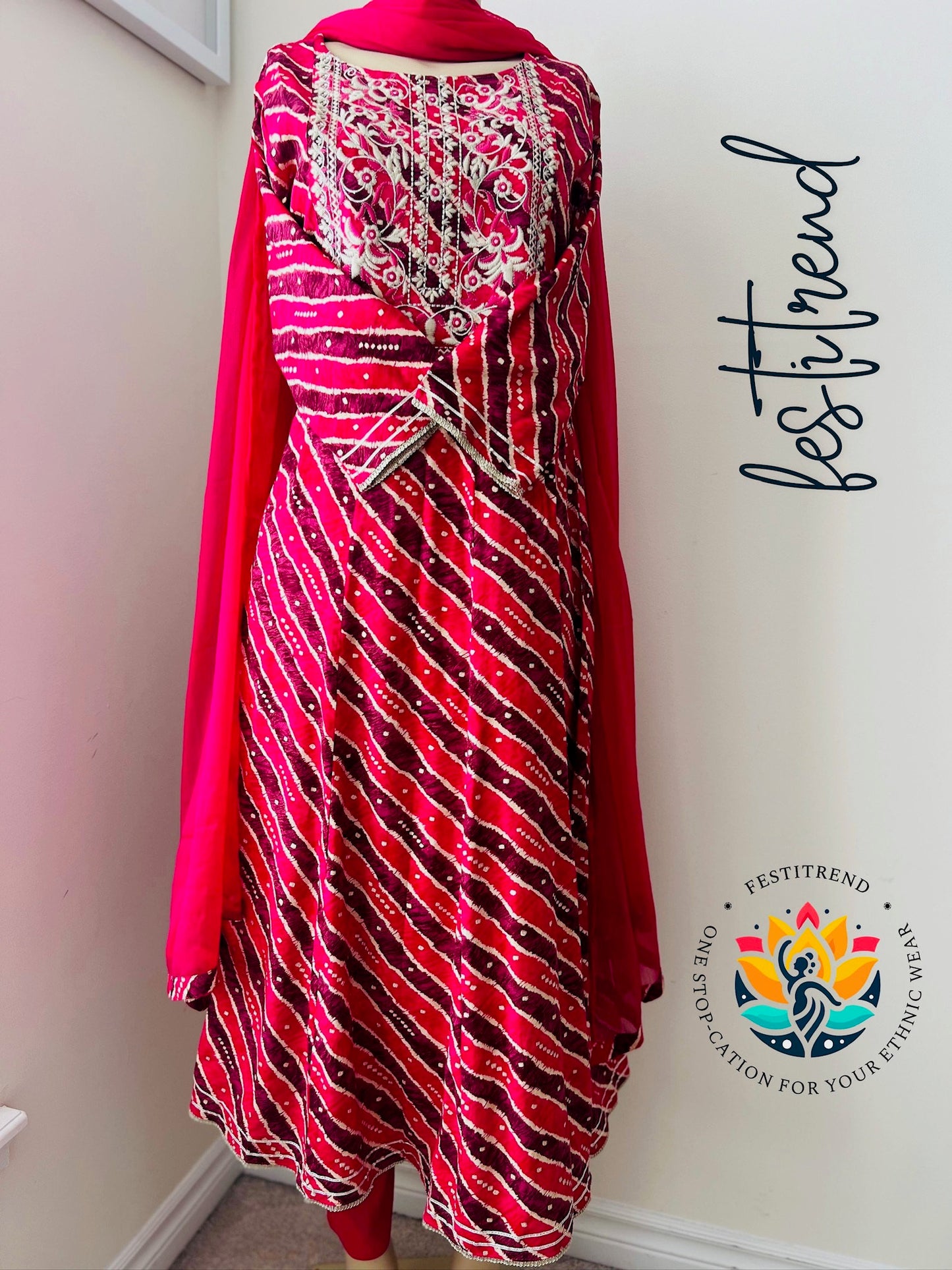 Magenta Leheriya Embroidered Anarkali Suit Set with Dupatta | Festive & Wedding Wear