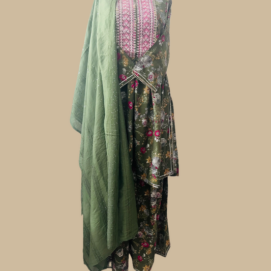 Green Floral Printed Sharara Set with Zari Work Embroidered Neck Yoke, Gota Lace Pants, and Sequins Dupatta