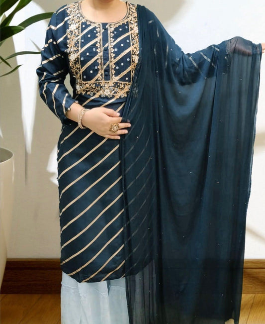 Midnight Blue Silk Blend Kurta Set (3 piece set) with Gold Weave & Zardosi Work and Grey-Blue Sharara. This product is available in 3XL too .