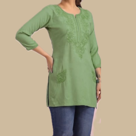 Green Chikankari Rayon Tunic with Embroidered Neck Yoke and Lower Panel Motif