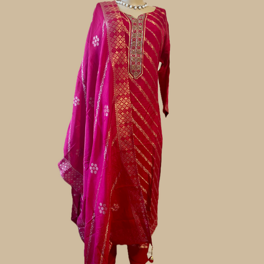 Festive Red Silk Blend 3-Piece Suit with Gold Thread Weave and Brocade Border Dupatta