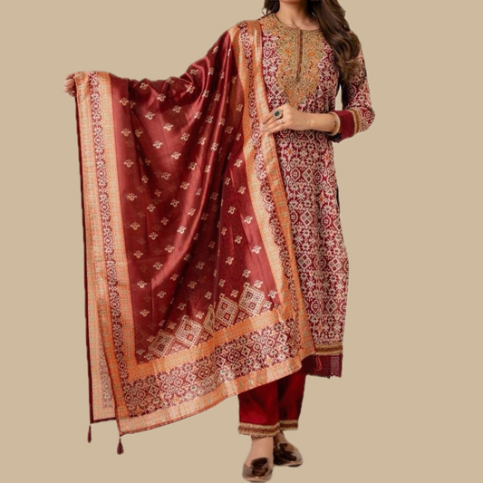 Patola Silk Suit with Zari Work- Maroon