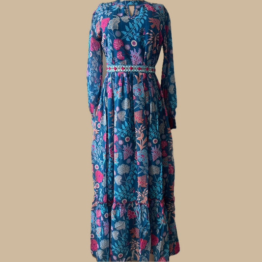 Georgette Boho Dress in Blue Floral Print