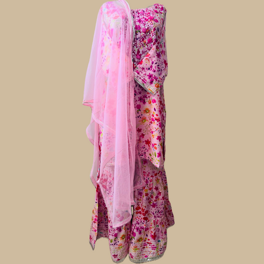 Floral Pink Sharara 3-Piece Set with Matching Net Dupatta