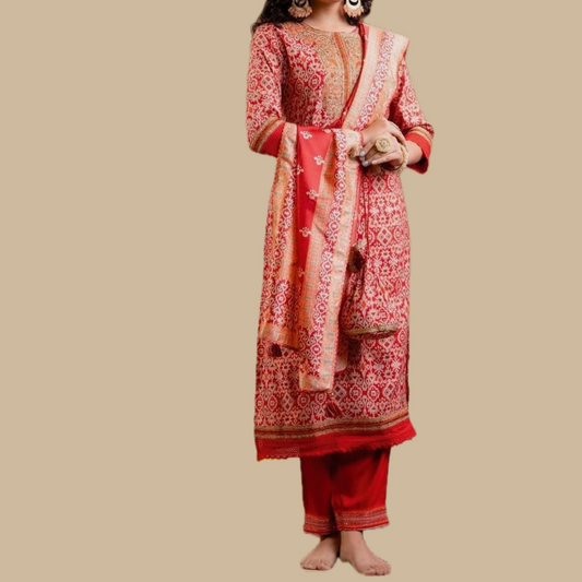 Patola Silk Suit with Zari Work- Red