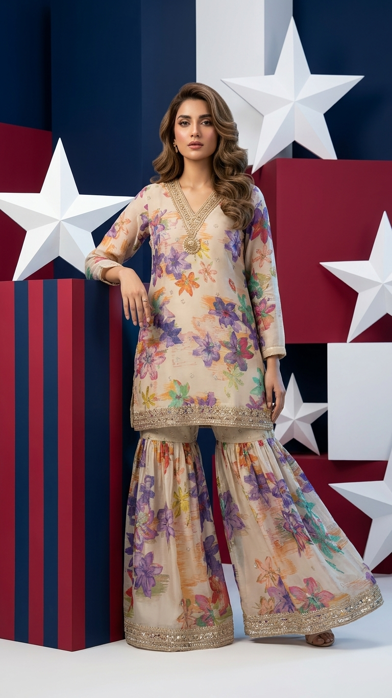 Floral Printed Sharara Suit Set for Women with Embroidered Dupatta | Cream Designer Ethnic Wear | Wedding & Festive Outfit