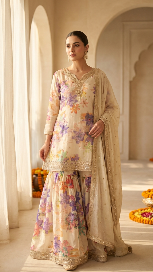 Floral Printed Sharara Suit Set for Women with Embroidered Dupatta | Cream Designer Ethnic Wear | Wedding & Festive Outfit