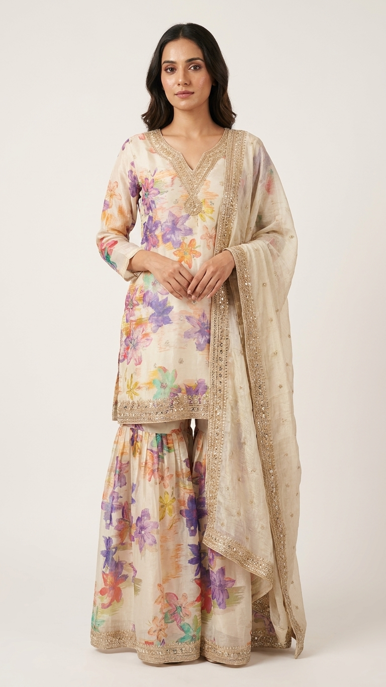 Floral Printed Sharara Suit Set for Women with Embroidered Dupatta | Cream Designer Ethnic Wear | Wedding & Festive Outfit