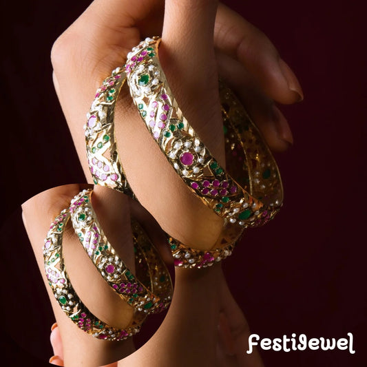 Opulent Multicolored Jadau Openable Bangles Pair- Size 2.4