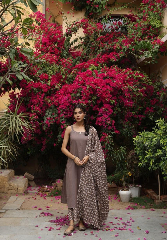 Khadi Cotton 3-Piece Suit in Brown with Adjustable Noodle Straps and Palazzos