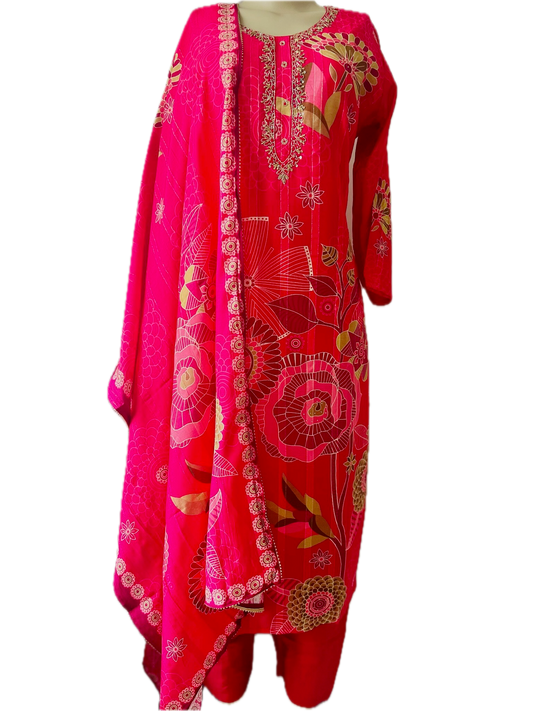 Magenta Cotton Silk Blend 3-Piece Kurta Set with Hand-Painted Golden Motifs