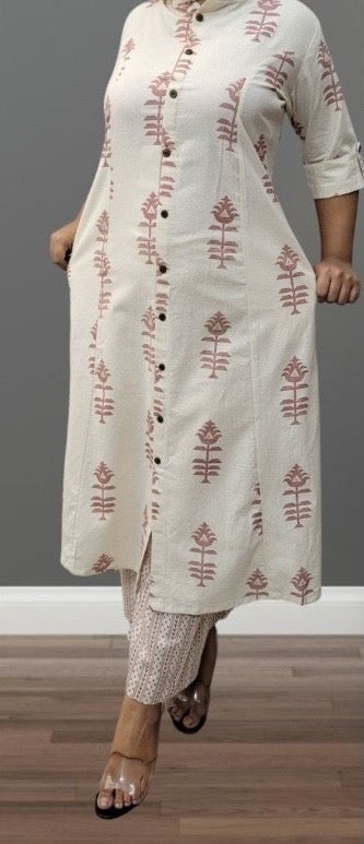 Khadi Cotton Palazzo Set in Beige with Ethnic Motifs