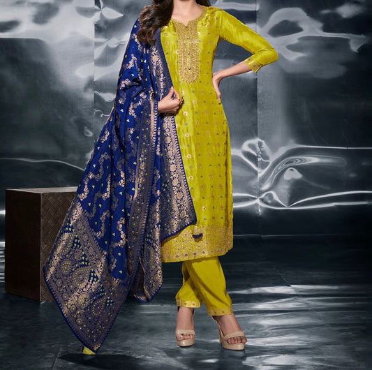 Green and Blue Silk Blend 3-Piece Festive Wear with Gold Weave Motifs