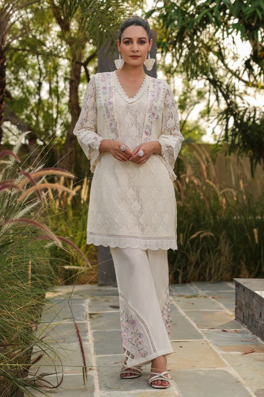 Off-White 3-Piece Indian Fusion Wear with Net & Lace Kurta, Embroidered Pants, and Hand-Worked Jacket