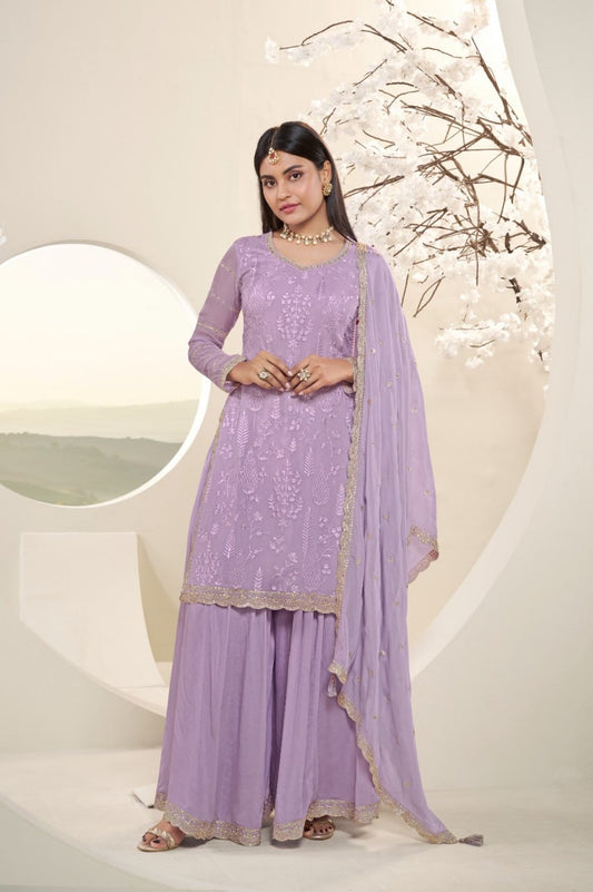 Mauve Georgette 3-Piece Sharara Set with Silver Gota Work