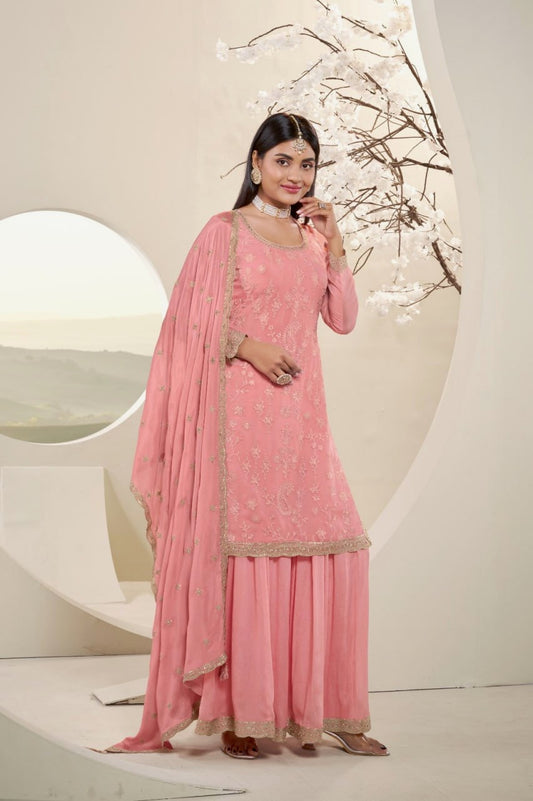 Peach Georgette 3-Piece Sharara Set with Intricate Gota Work