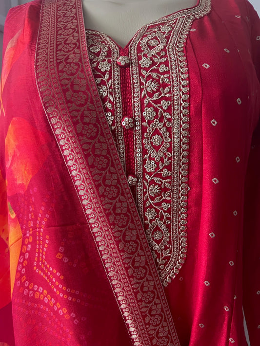 Full-Flare Crepe Silk Anarkali with Gold Weave Motifs & Floral Printed Dupatta in RED