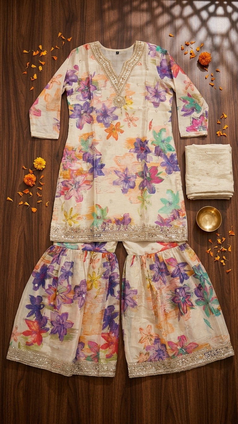 Floral Printed Sharara Suit Set for Women with Embroidered Dupatta | Cream Designer Ethnic Wear | Wedding & Festive Outfit