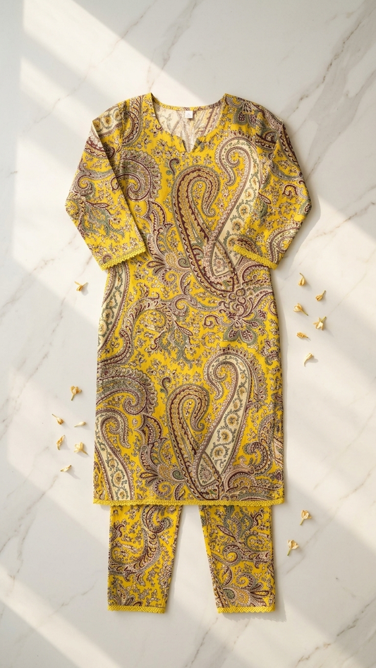 Mustard Yellow Paisley Print Kurta Set for Women | Bright Festive Ethnic Wear