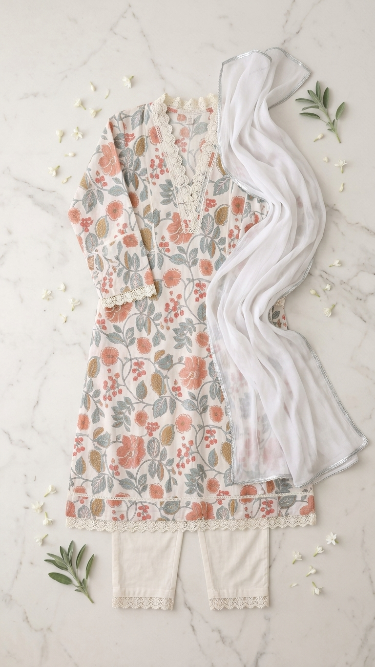 White Floral Cotton 3-Piece Kurta Set with Dupatta – Elegant Summer Ethnic Wear