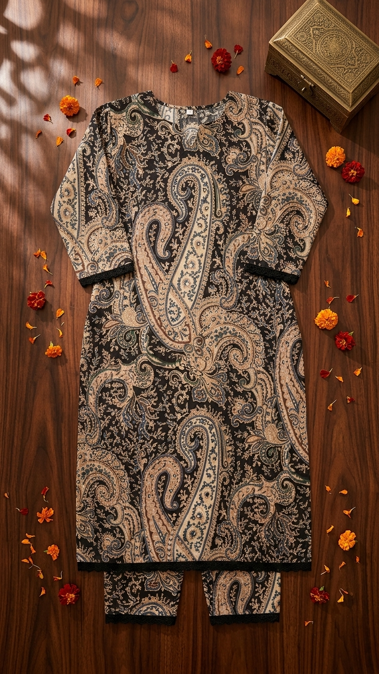 Black Paisley Print Kurta Set for Women | Elegant Traditional Ethnic Outfit