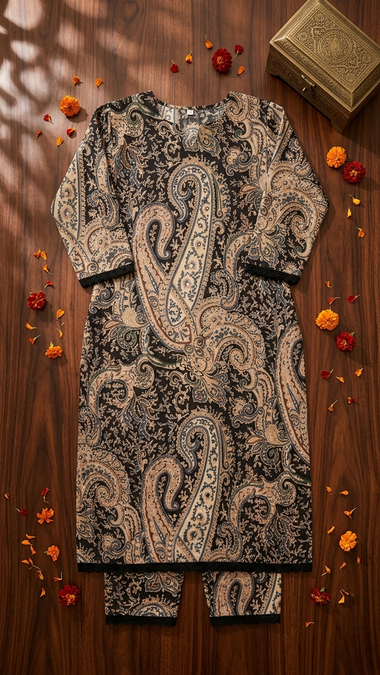 Black Paisley Print Kurta Set for Women | Elegant Traditional Ethnic Outfit