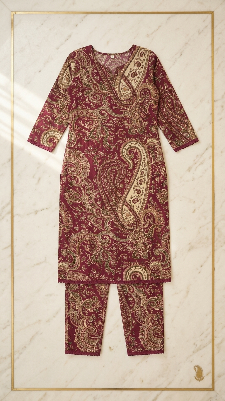 Maroon Paisley Print Kurta Set for Women | Traditional Ethnic Co-Ord Set