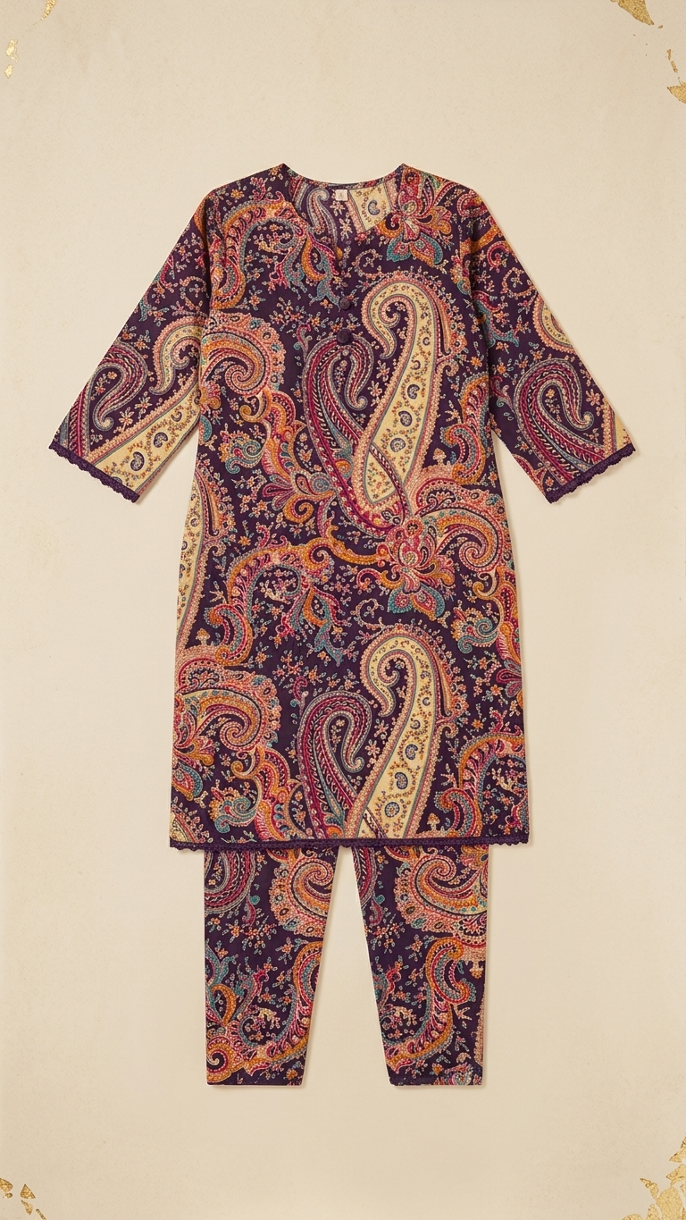 Purple Multicolor Paisley Print Kurta Set for Women | Traditional Ethnic Co-Ord Outfit