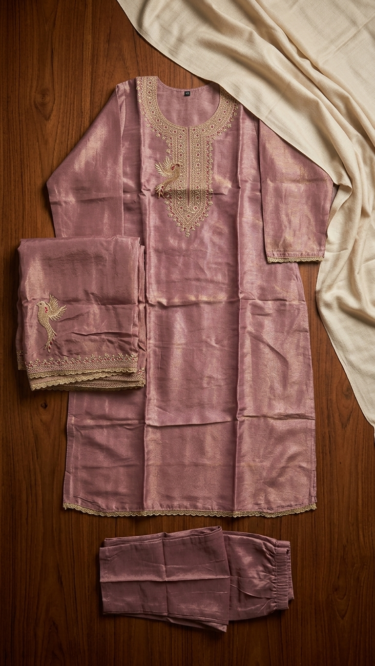 Dusty Mauve Silk Blend Kurta Set for Women | 3-Piece Embroidered Indian Pakistani Suit with Dupatta | Festive & Wedding Wear