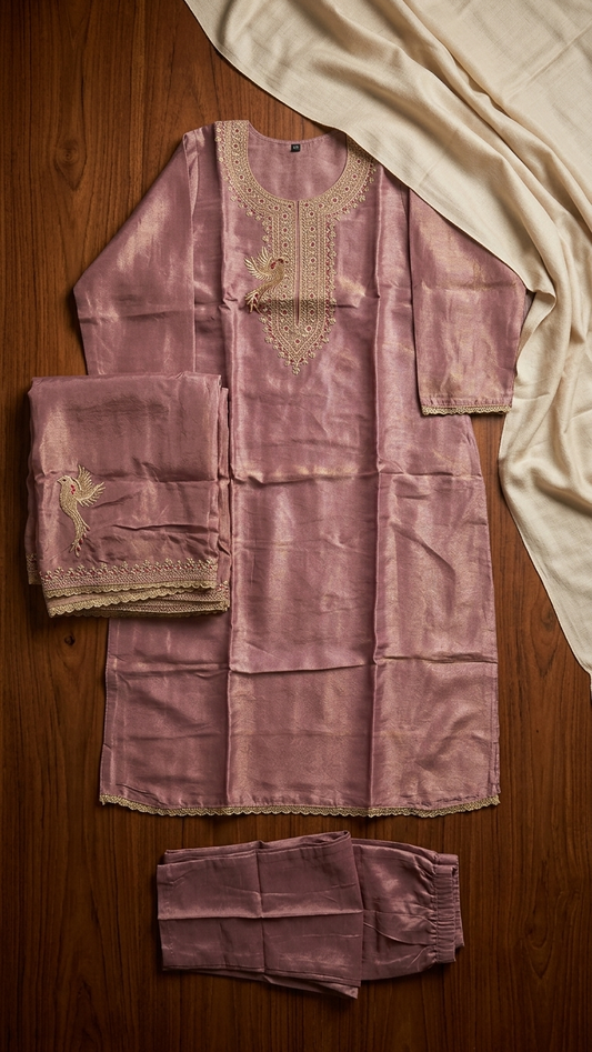 Dusty Mauve Silk Blend Kurta Set for Women | 3-Piece Embroidered Indian Pakistani Suit with Dupatta | Festive & Wedding Wear
