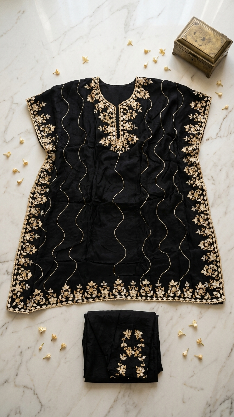 Black Embroidered Kaftan Kurta Set for Women | Luxury Ethnic Wear | Festive, Wedding & Party Outfit