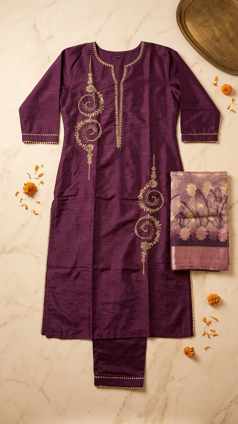 Silk Blend 3-Piece Suit in Purple with Gold Tone Embroidery and Floral Tissue Dupatta
